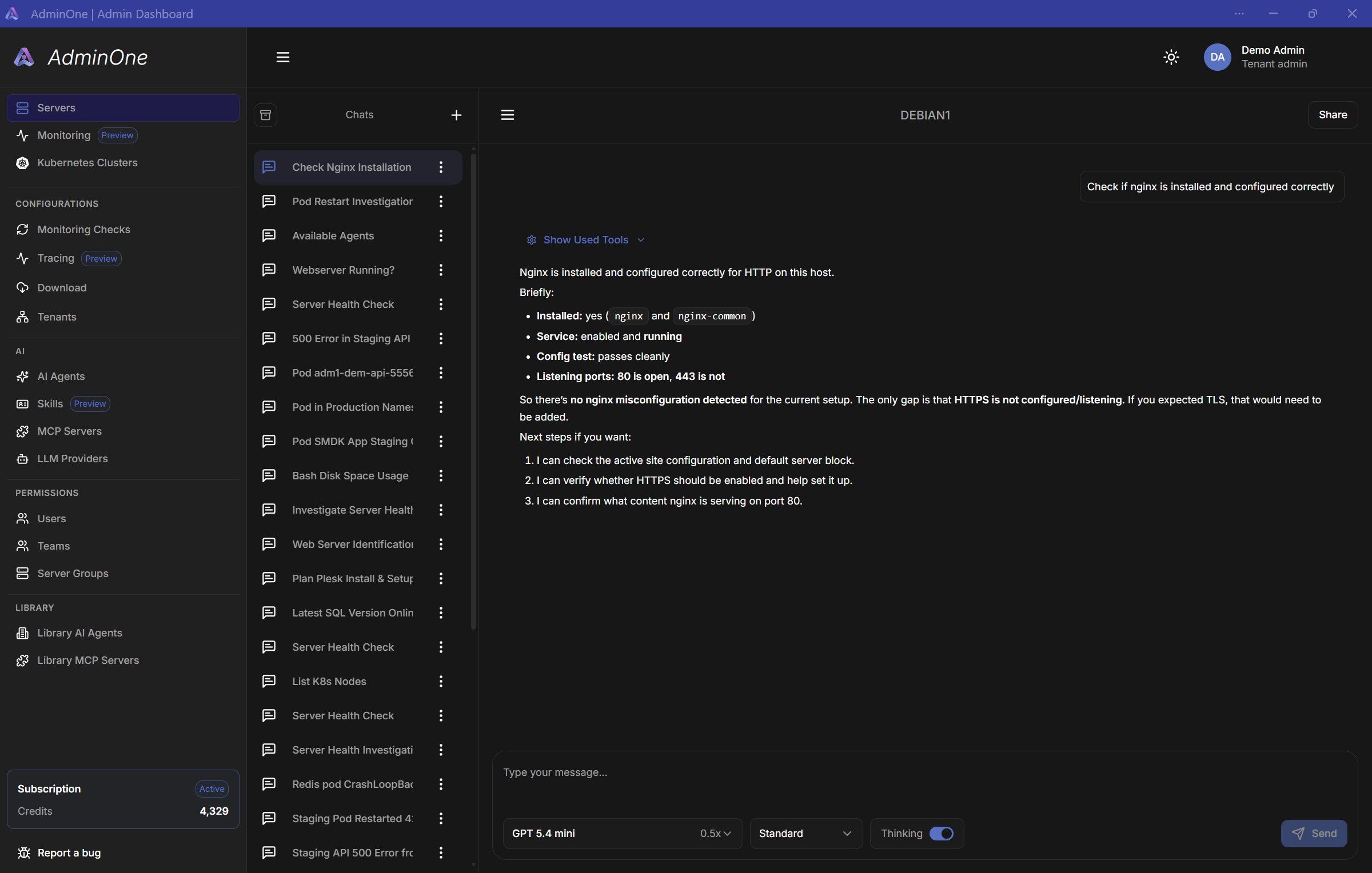 AdminOne dashboard showing incident investigation tools and context